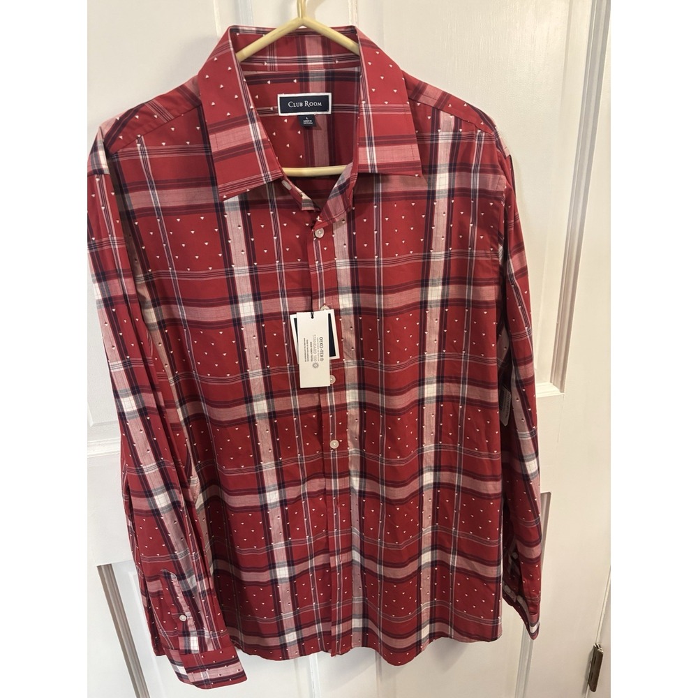 Club Room Mens Regular Fit Plaid Button Down Shirt Red L NWT